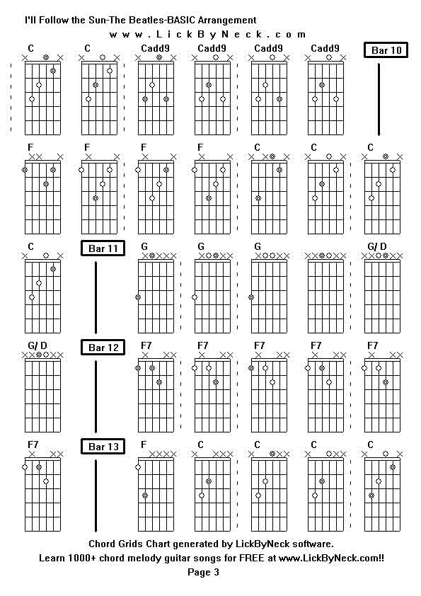 Chord Grids Chart of chord melody fingerstyle guitar song-I'll Follow the Sun-The Beatles-BASIC Arrangement,generated by LickByNeck software.